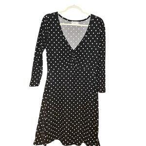 Bobbie Brooks Womens Black White Polka Dot V-Neck Cinched Bust A-Line Dress L